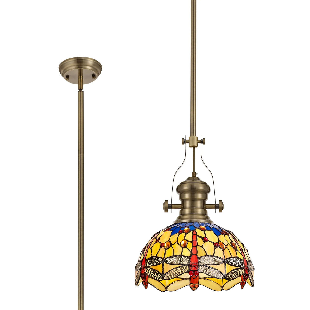 Hinnigan 1 Light Pendant E27 With 30cm Tiffany Shade, Antique Brass/Blue/Orange/Crystal