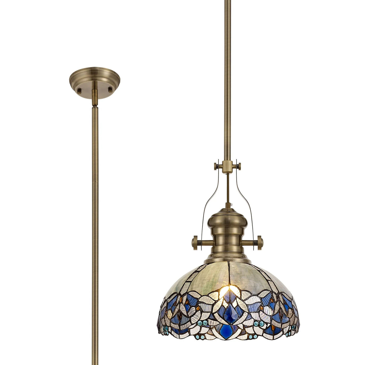 Siddall 1 Light Pendant E27 With 30cm Tiffany Shade, Antique Brass/Blue/Clear Crystal