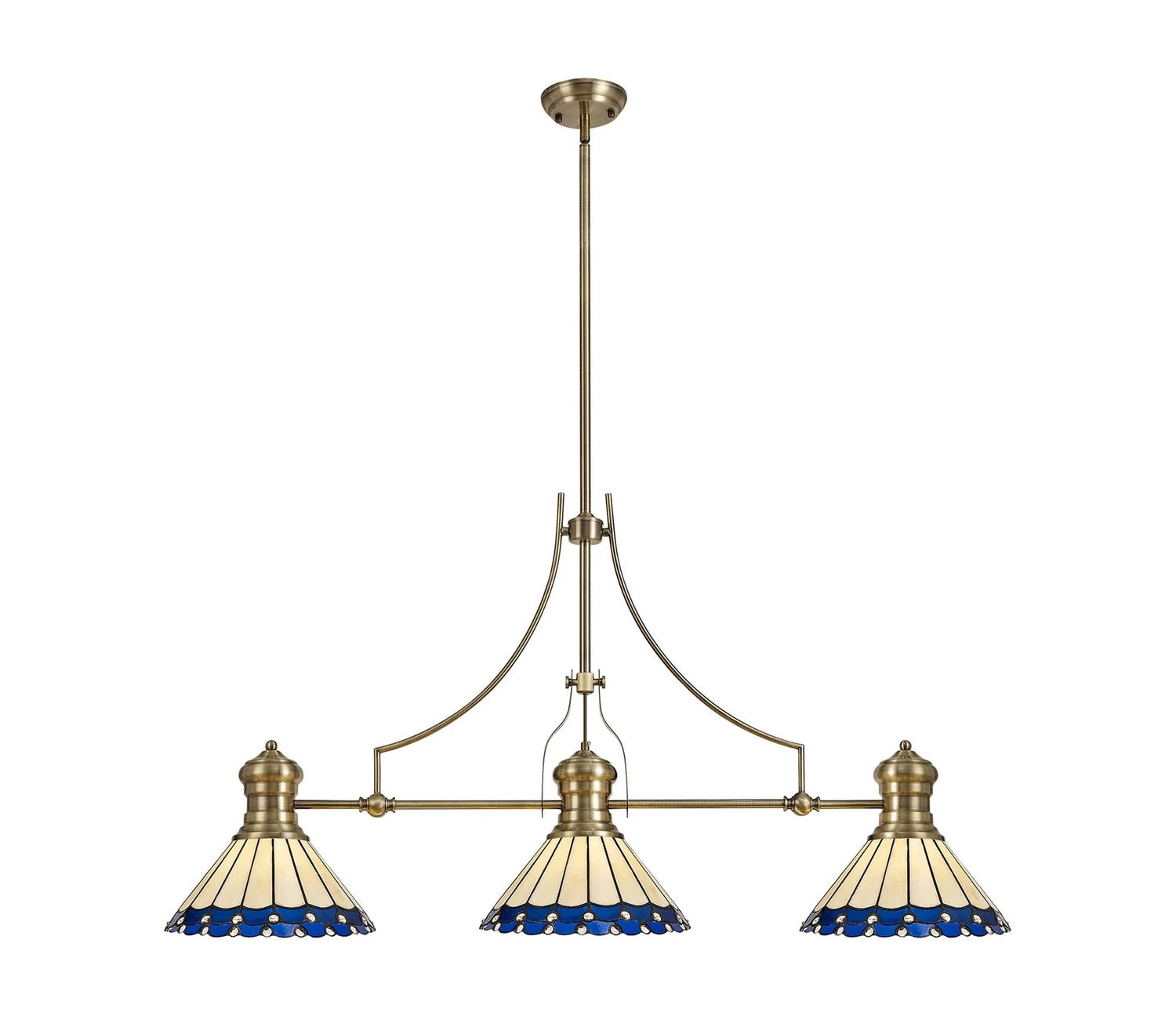 Williams 3 Light Linear Pendant E27 With 30cm Tiffany Shade, Antique Brass, Blue, Cream, Crystal