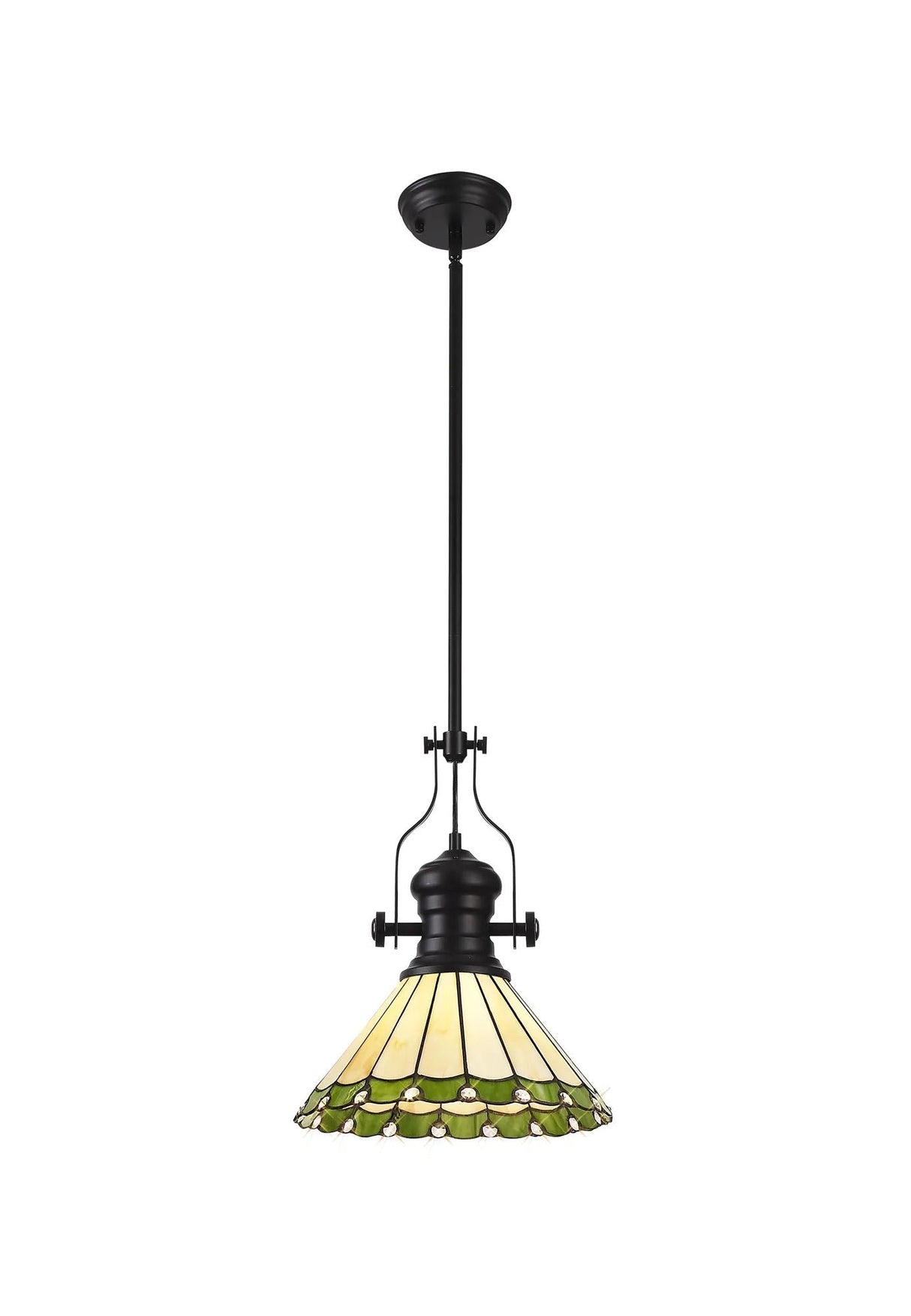 Williams 1 Light Pendant E27 With 30cm Tiffany Shade, Matt Black/Green/Cream/Crystal