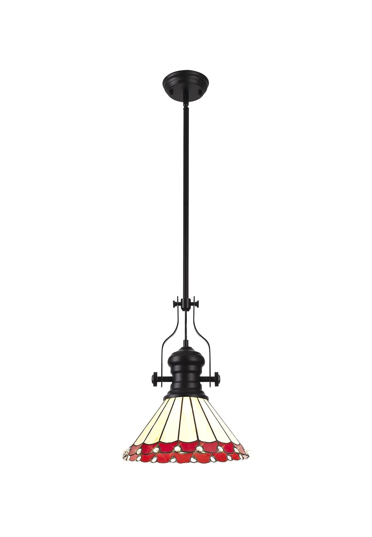 Williams 1 Light Pendant E27 With 30cm Tiffany Shade, Matt Black/Red/Cream/Crystal