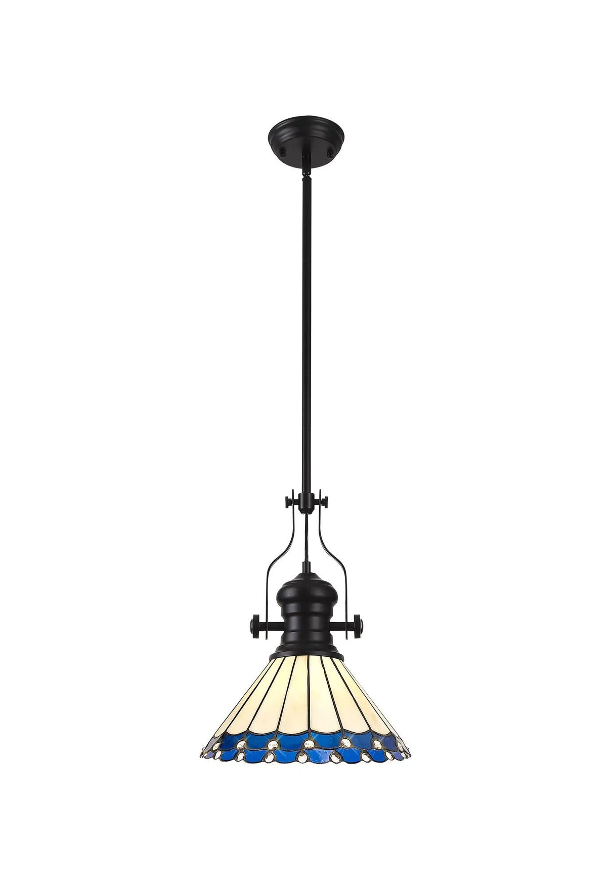 Williams 1 Light Pendant E27 With 30cm Tiffany Shade, Matt Black/Blue/Cream/Crystal