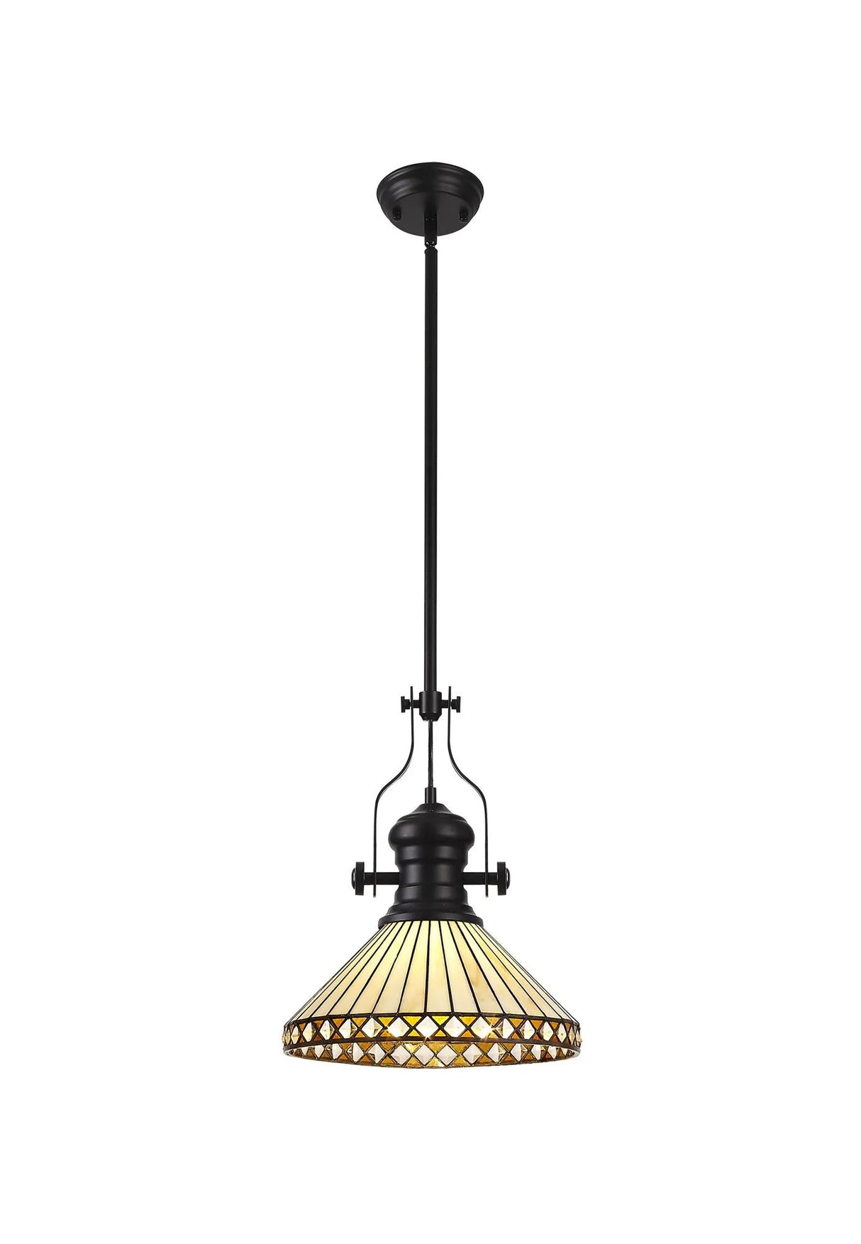 Wearne 1 Light Pendant E27 With 30cm Tiffany Shade, Matt Black/Amber/Cream/Crystal