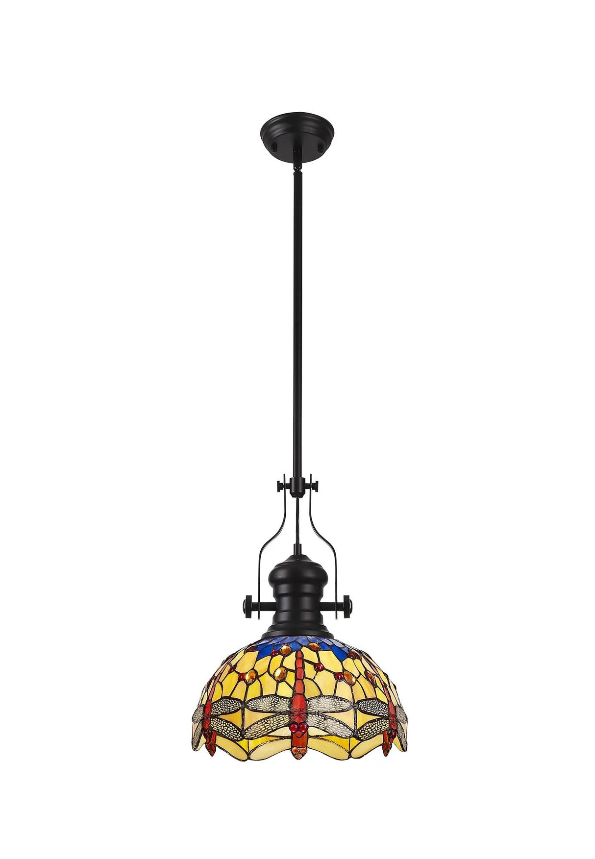 Hinnigan 1 Light Pendant E27 With 30cm Tiffany Shade, Matt Black/Blue/Orange/Crystal