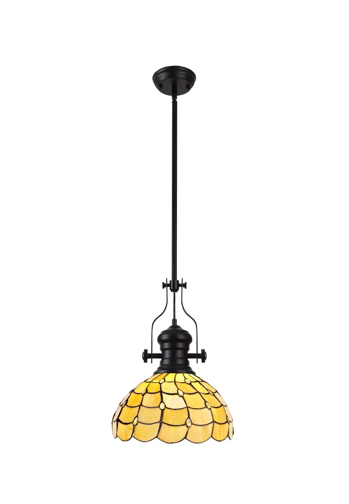 Finney 1 Light Pendant E27 With 30cm Tiffany Shade, Matt Black/Beige/Clear Crystal