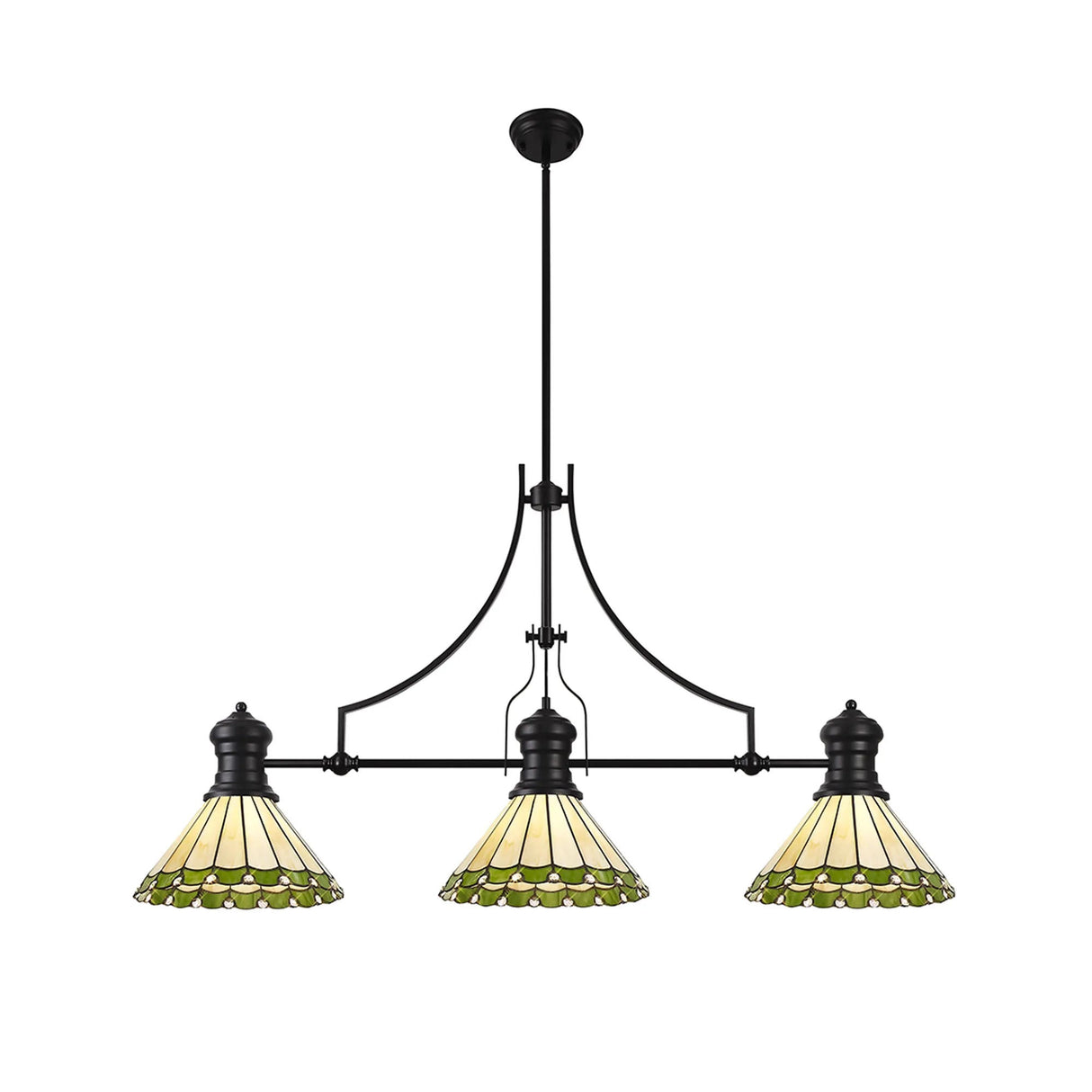Williams 3 Light Linear Pendant E27 With 30cm Tiffany Shade, Matt Black, Green, Cream, Crystal