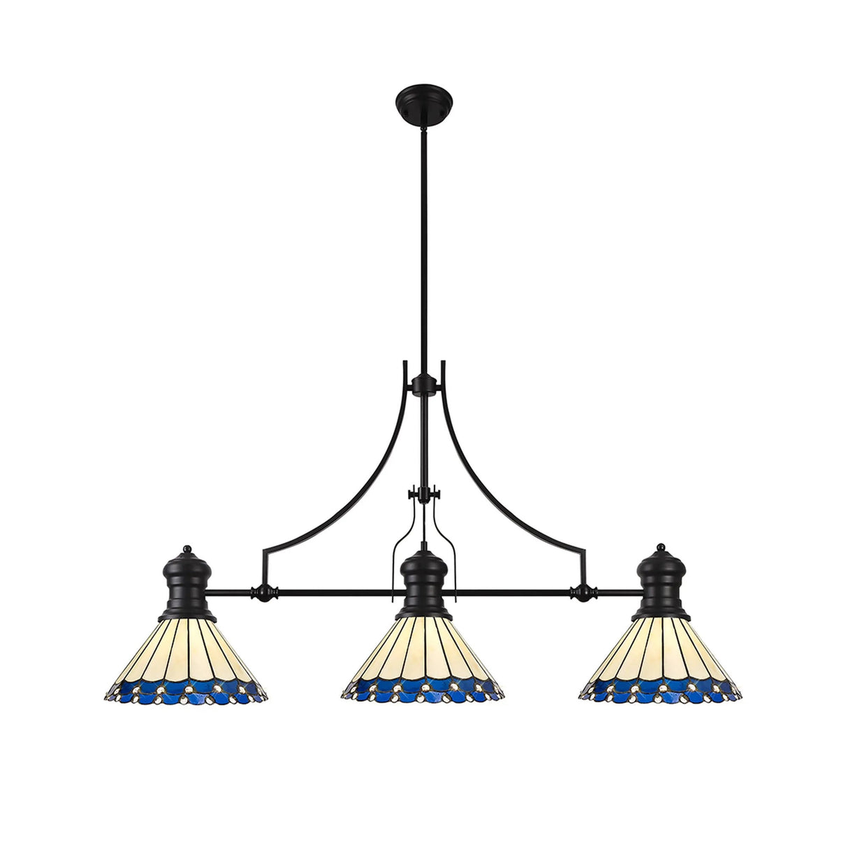 Williams 3 Light Linear Pendant E27 With 30cm Tiffany Shade, Matt Black, Blue, Cream, Crystal