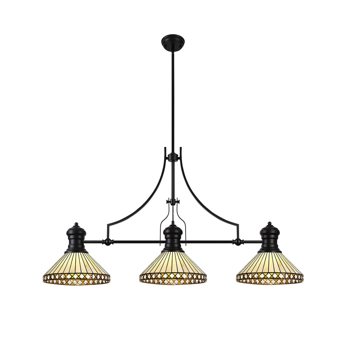 Wearne 3 Light Linear Pendant E27 With 30cm Tiffany Shade, Matt Black, Amber, Cream, Crystal