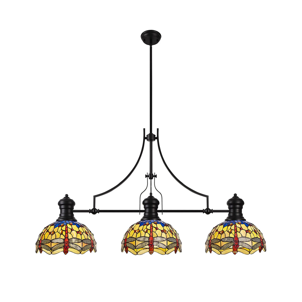 Hinnigan 3 Light Linear Pendant E27 With 30cm Tiffany Shade, Matt Black, Blue, Orange, Crystal
