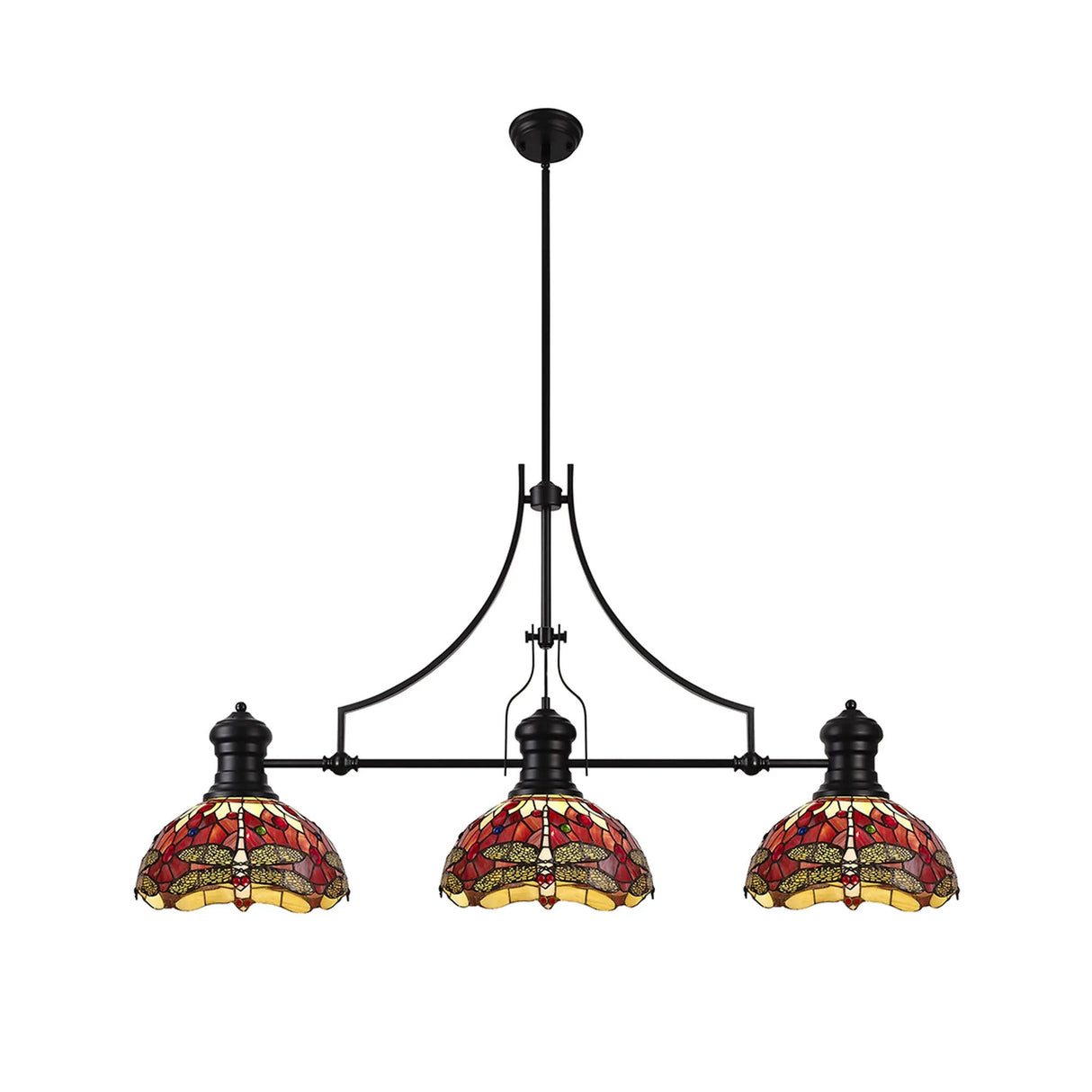 Hinnigan 3 Light Linear Pendant E27 With 30cm Tiffany Shade, Matt Black, Purple, Pink, Crystal