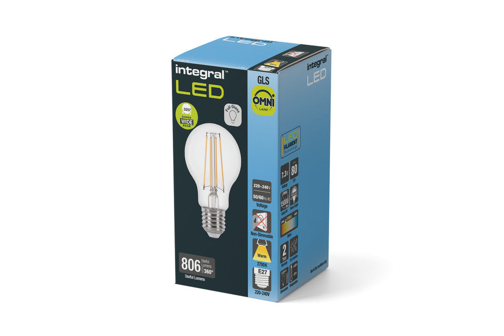 OMNI FILAMENT GLS BULB E27 806LM 7.3W  WARM WHITE 2700K NON-DIMM 320 BEAM CLEAR INTEGRAL - ILGLSE27NC027