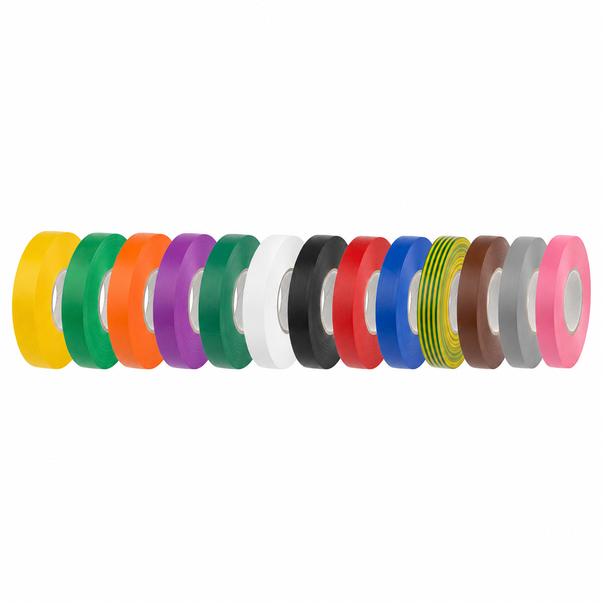 Assorted rolls of colorful pvc insulation tape on a white background