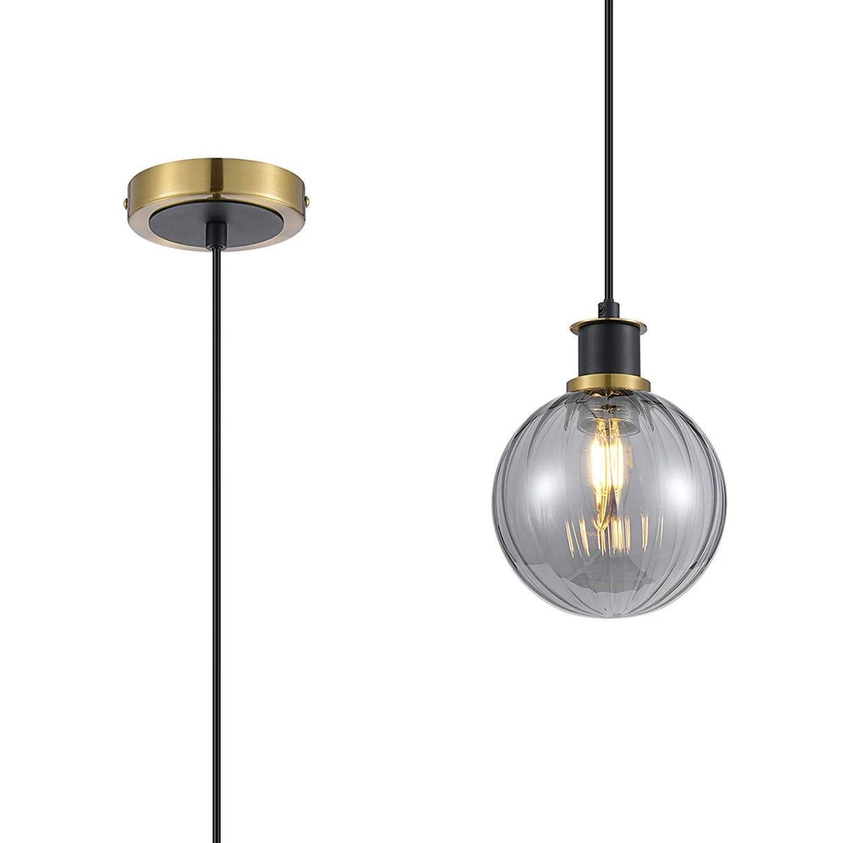 Woods 1.3m Pendant, 1 x E14 With 15cm Round Segment Glass Shade, Brass, Smoke Plated & Satin Black