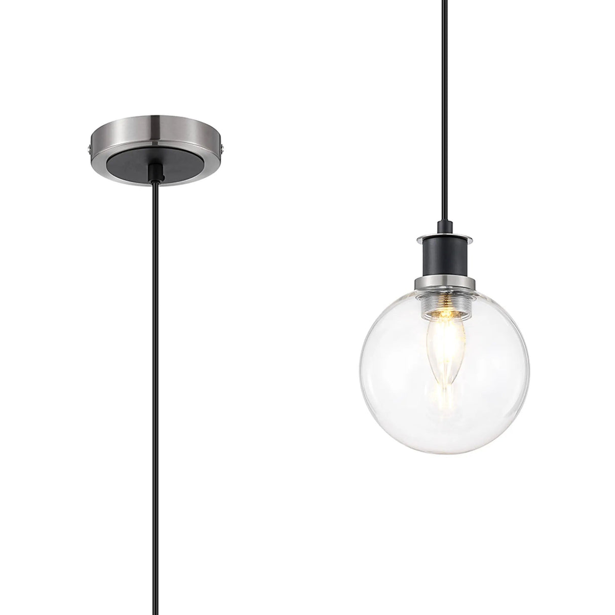 Woods 1.3m Pendant, 1 x E14 With 15cm Round Glass Shade, Satin Nickel, Clear & Satin Black