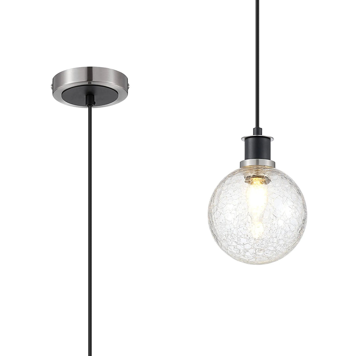 Woods 1.3m Pendant, 1 x E14 With 15cm Round Crackled Glass Shade, Satin Nickel, Clear & Satin Black