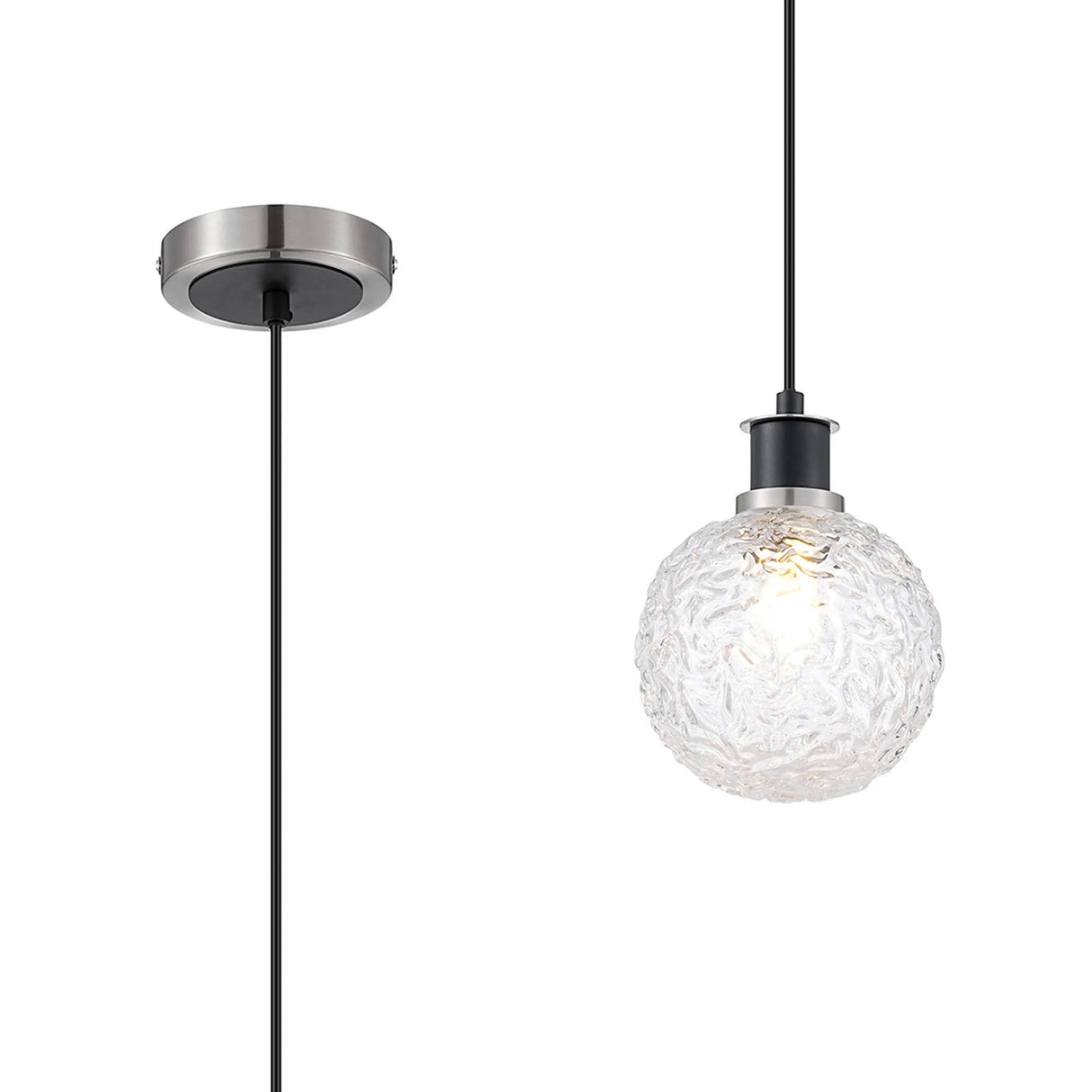 Woods 1.3m Pendant, 1 x E14 With 15cm Round Textured Crumple Glass Shade, Satin Nickel, Clear & Satin Black