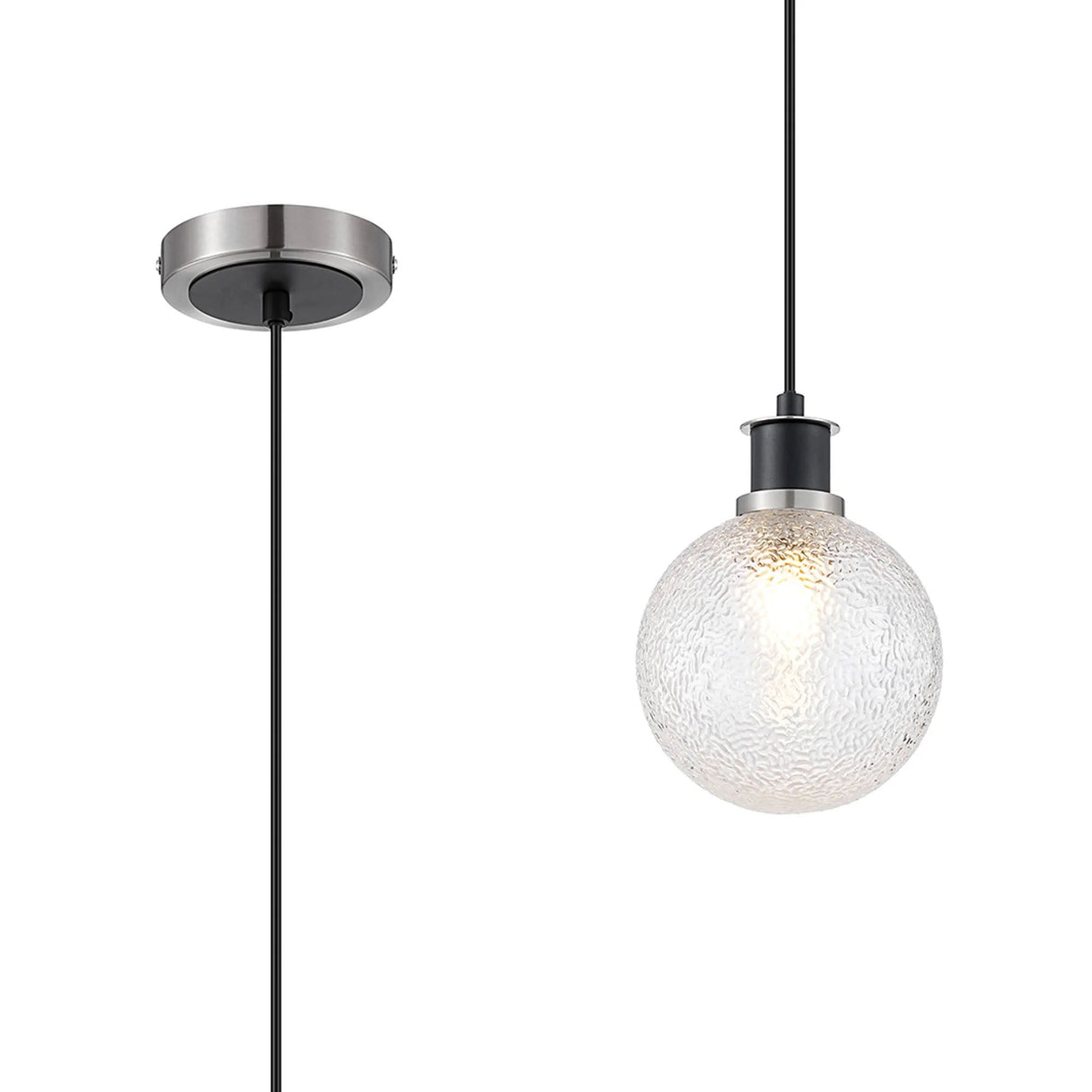 Woods 1.3m Pendant, 1 x E14 With 15cm Round Dimpled Glass Shade, Satin Nickel, Clear & Satin Black