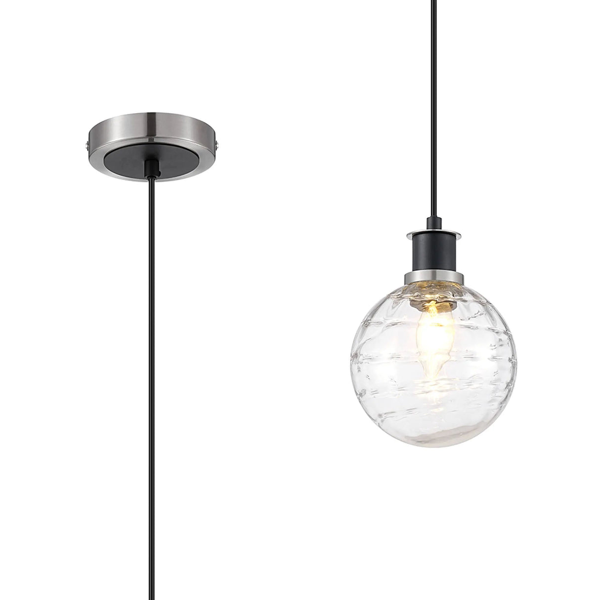 Woods 1.3m Pendant, 1 x E14 With 15cm Round Textured Melting Glass Shade, Satin Nickel, Clear & Satin Black
