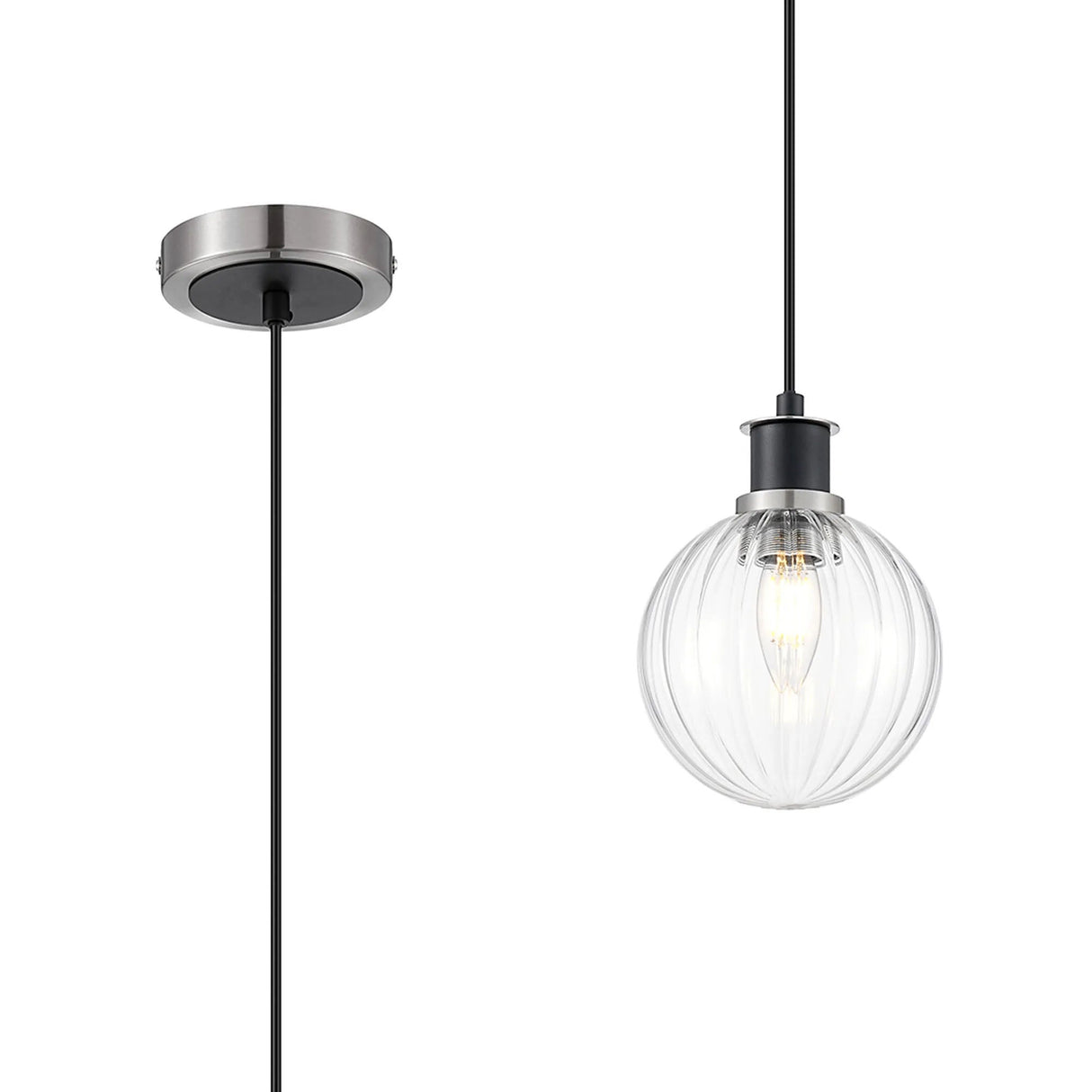 Woods 1.3m Pendant, 1 x E14 With 15cm Round Segment Glass Shade, Satin Nickel, Clear & Satin Black