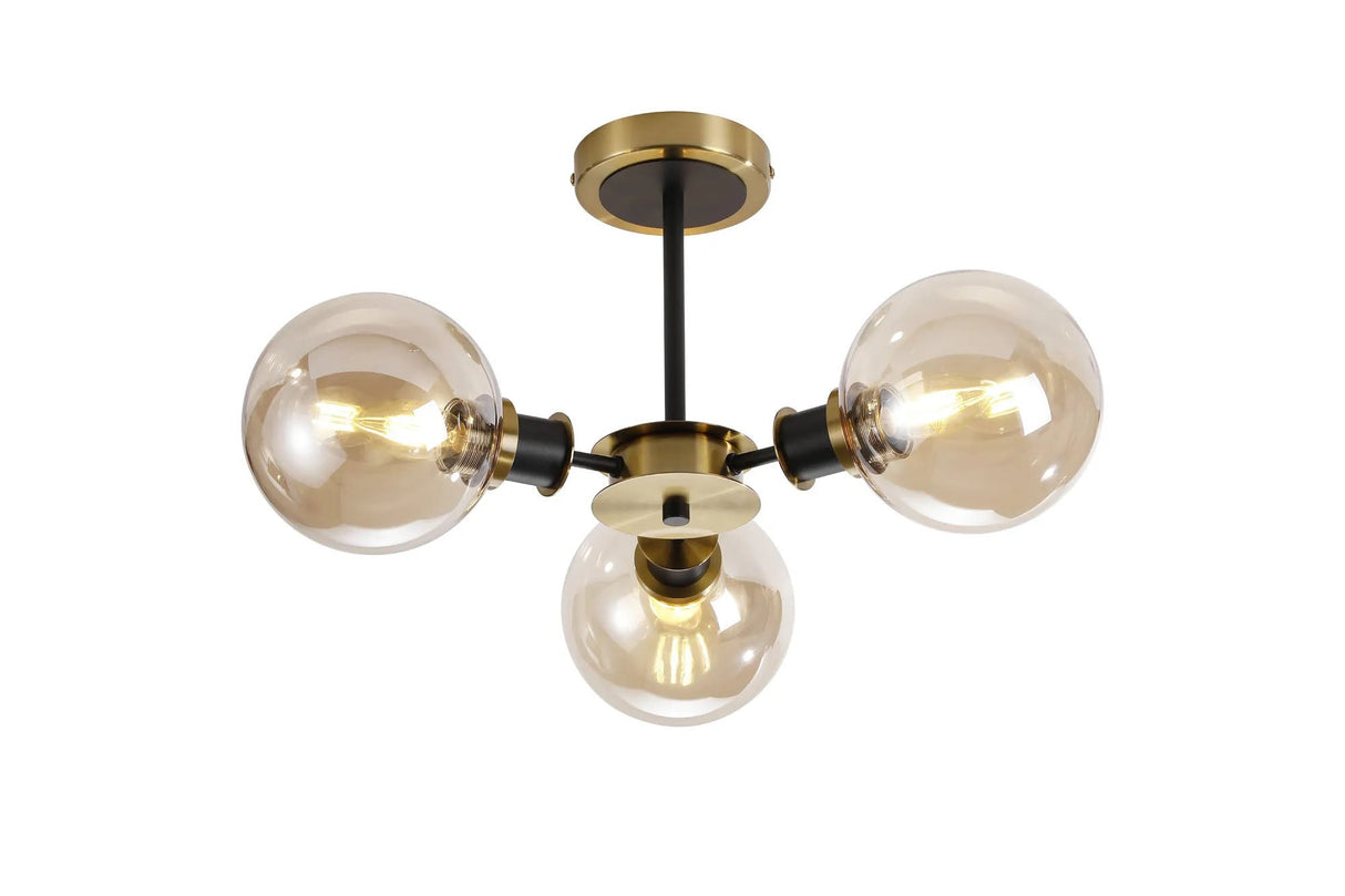 Woods Semi Ceiling, 3 x E14 With 15cm Round Glass Shade, Brass, Amber Plated & Satin Black