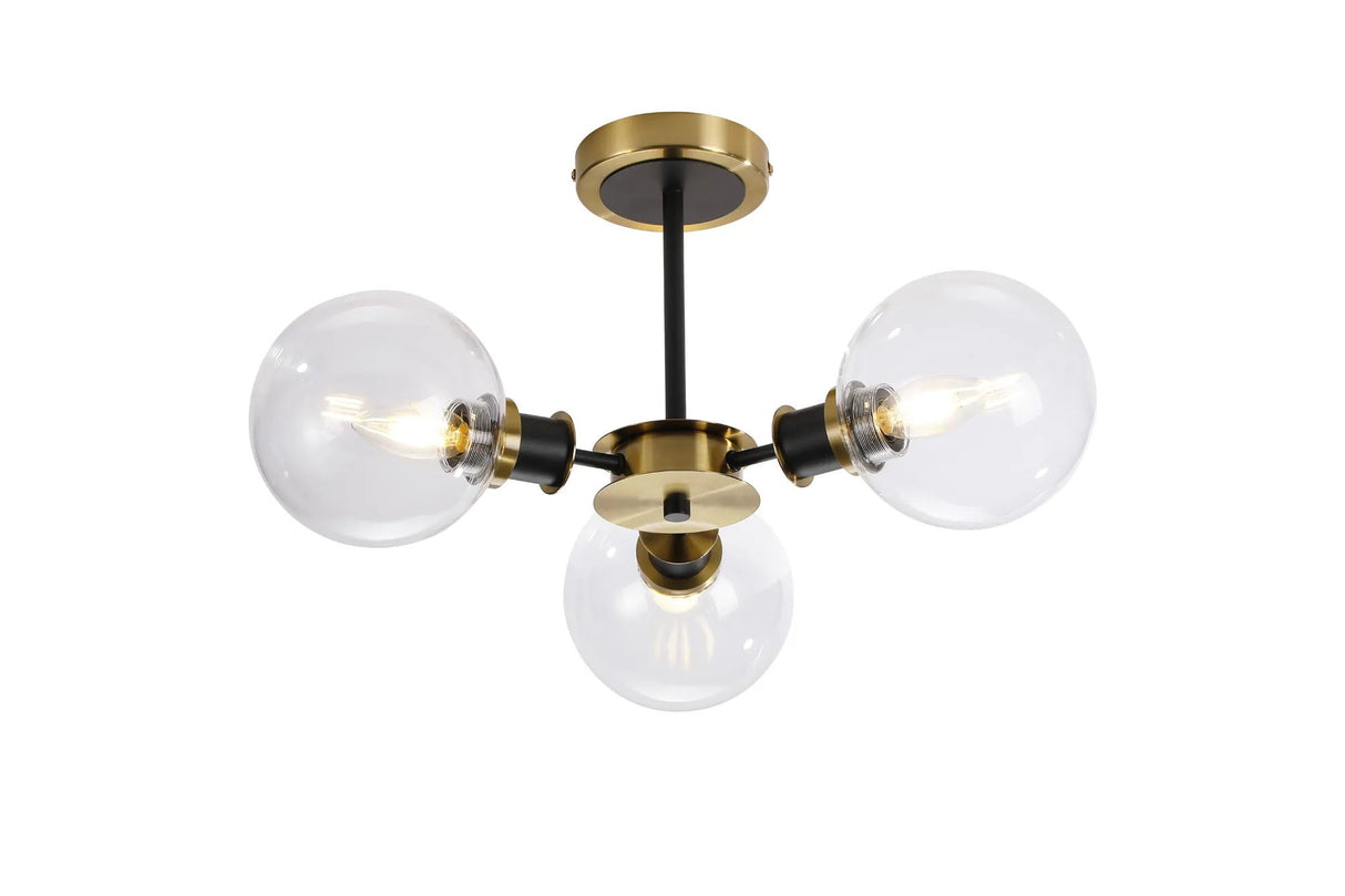 Woods Semi Ceiling, 3 x E14 With 15cm Round Glass Shade, Brass, Clear & Satin Black