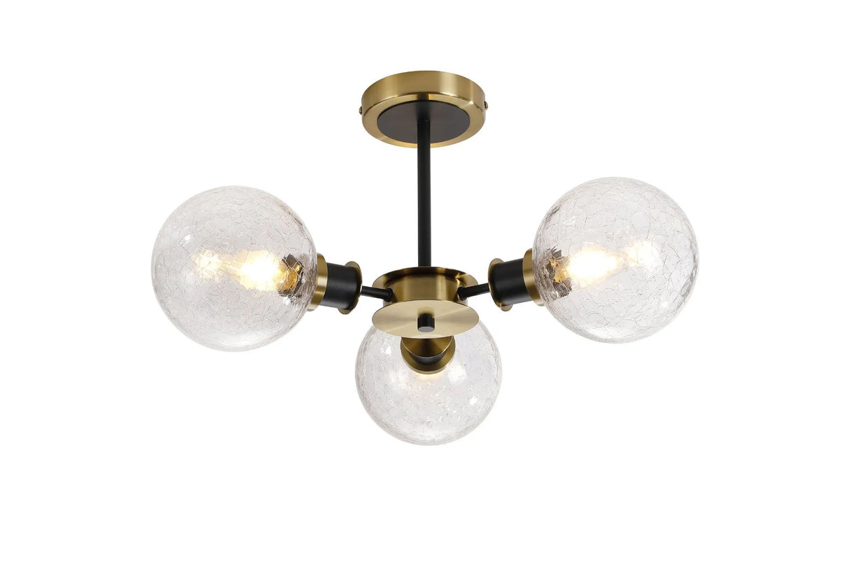 Woods Semi Ceiling, 3 x E14 With 15cm Round Crackled Glass Shade, Brass, Clear & Satin Black