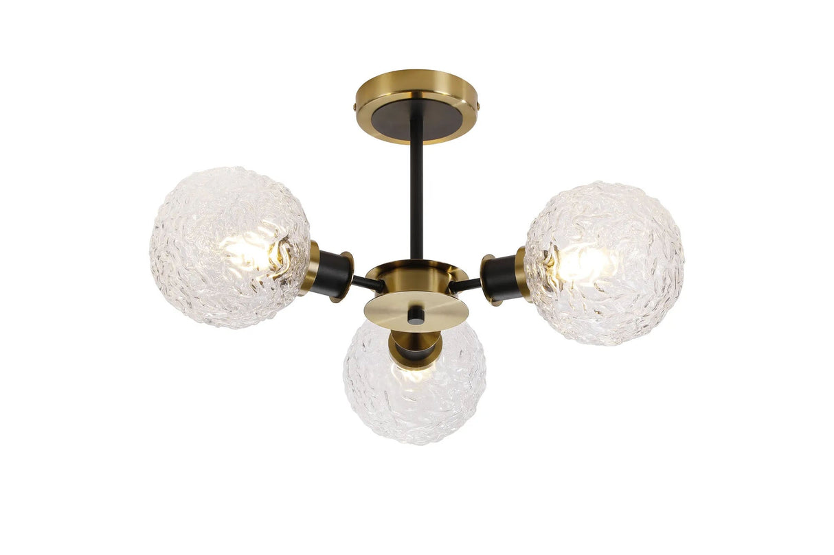 Woods Semi Ceiling, 3 x E14 With 15cm Round Textured Crumple Glass Shade, Brass, Clear & Satin Black