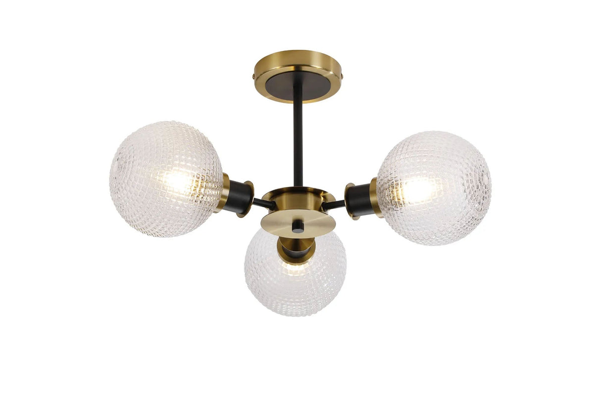 Woods Semi Ceiling, 3 x E14 With 15cm Round Textured Diamond Pattern Glass Shade, Brass, Clear & Satin Black