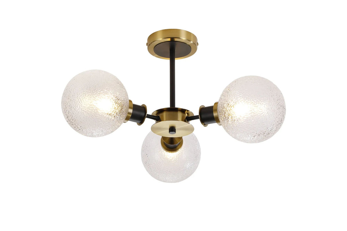 Woods Semi Ceiling, 3 x E14 With 15cm Round Dimpled Glass Shade, Brass, Clear & Satin Black