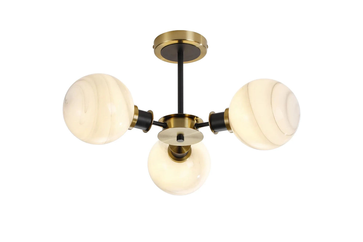 Woods Semi Ceiling, 3 x E14 With 15cm Round Marble Effect Glass Shade, Brass, White & Satin Black