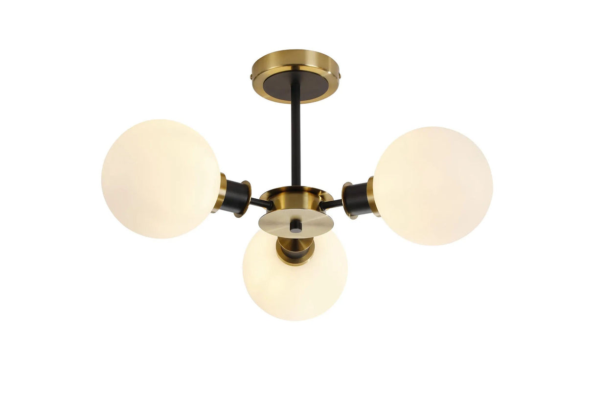 Woods Semi Ceiling, 3 x E14 With 15cm Round Glass Shade, Brass, Opal & Satin Black