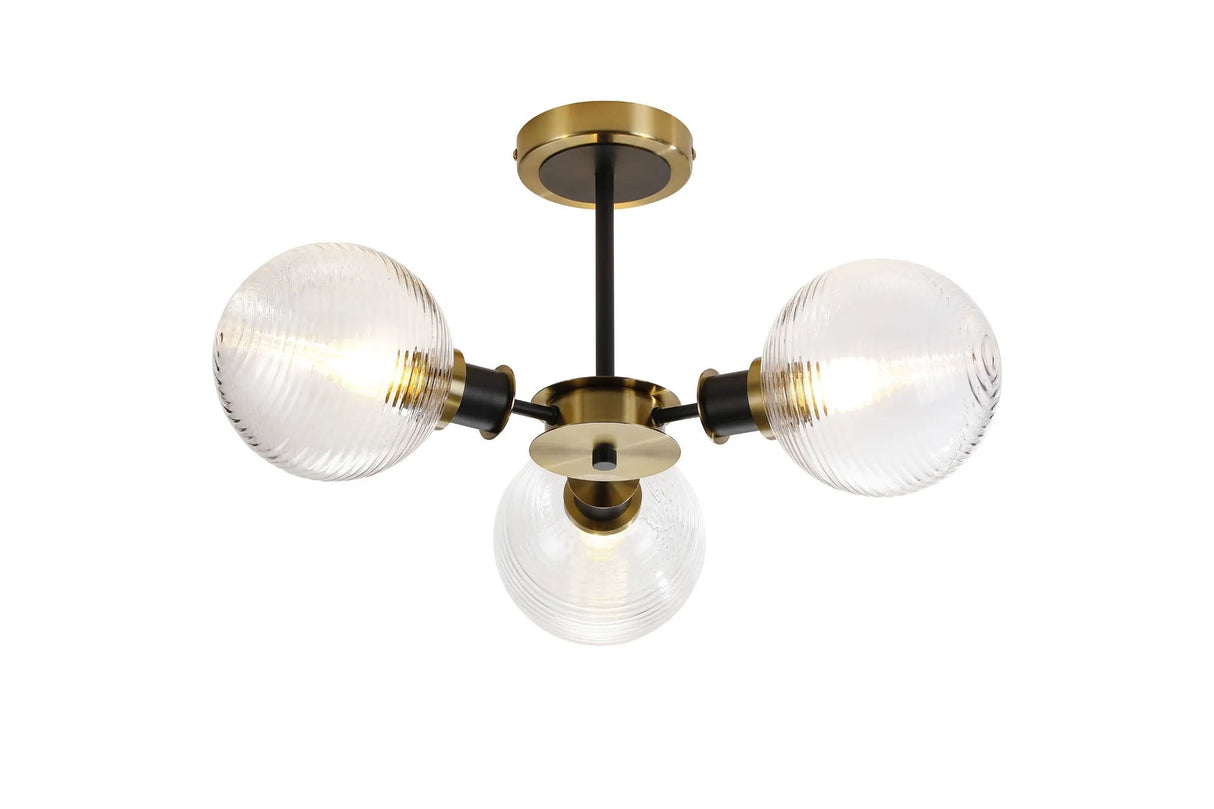 Woods Semi Ceiling, 3 x E14 With 15cm Round Ribbed Glass Shade, Brass, Clear & Satin Black