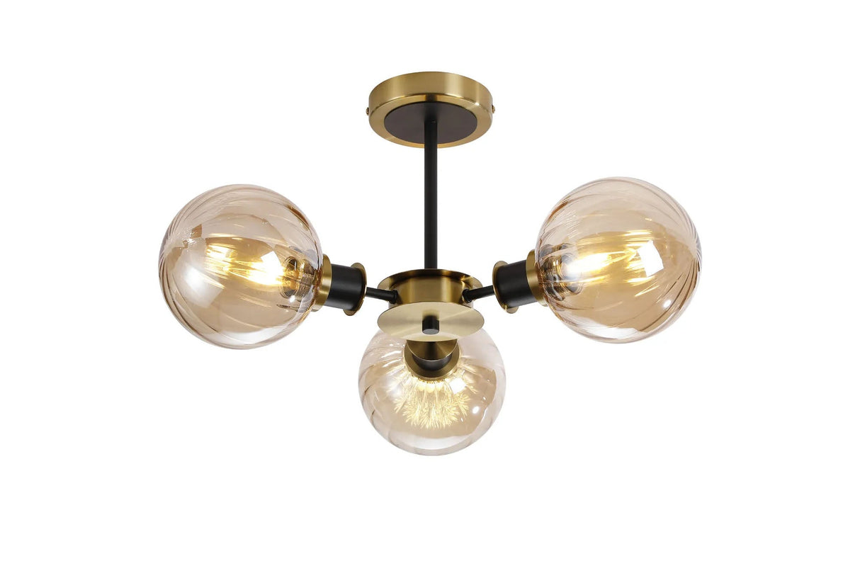 Woods Semi Ceiling, 3 x E14 With 15cm Round Segment Glass Shade, Brass, Amber Plated & Satin Black