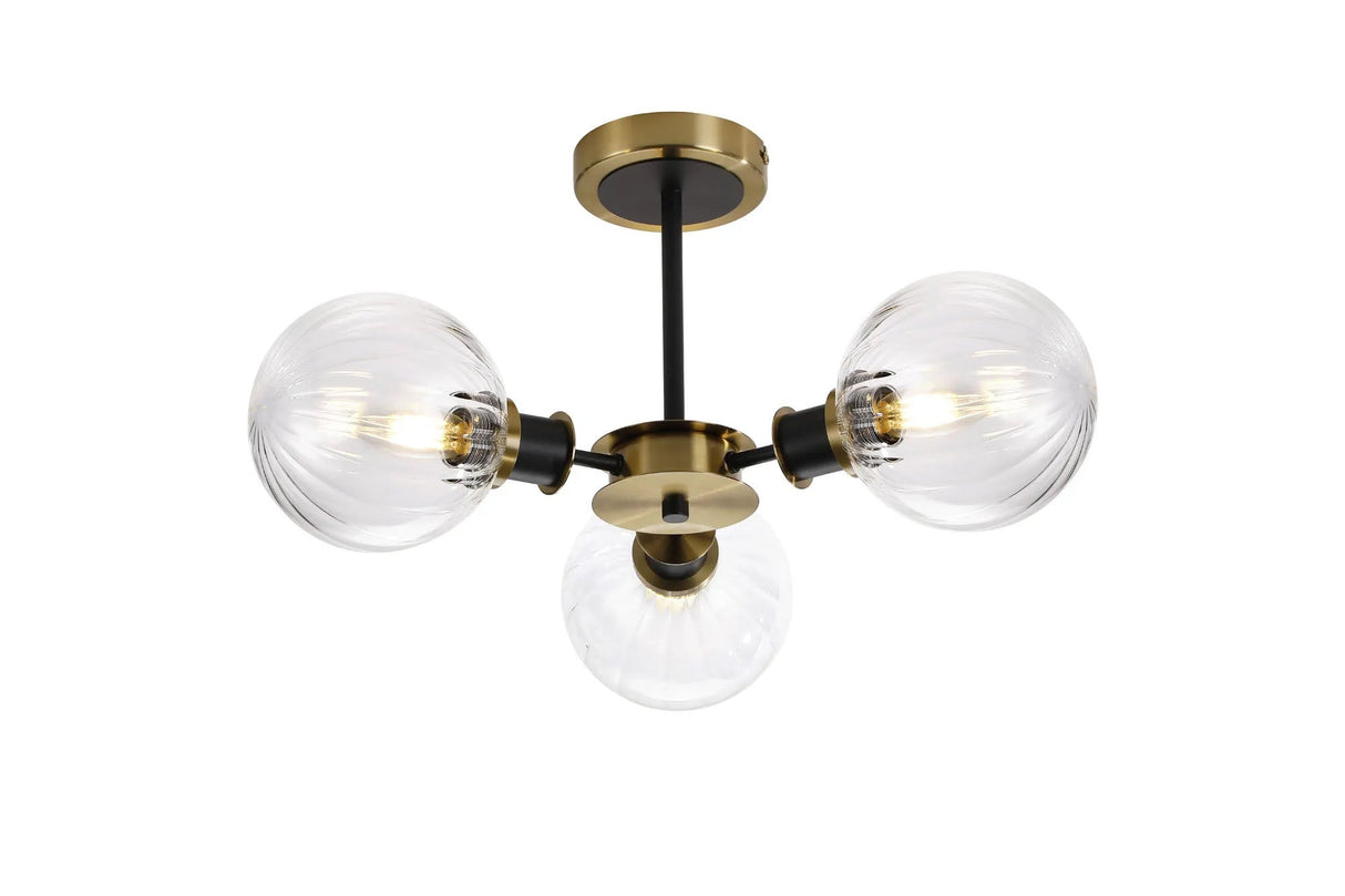 Woods Semi Ceiling, 3 x E14 With 15cm Round Segment Glass Shade, Brass, Clear & Satin Black