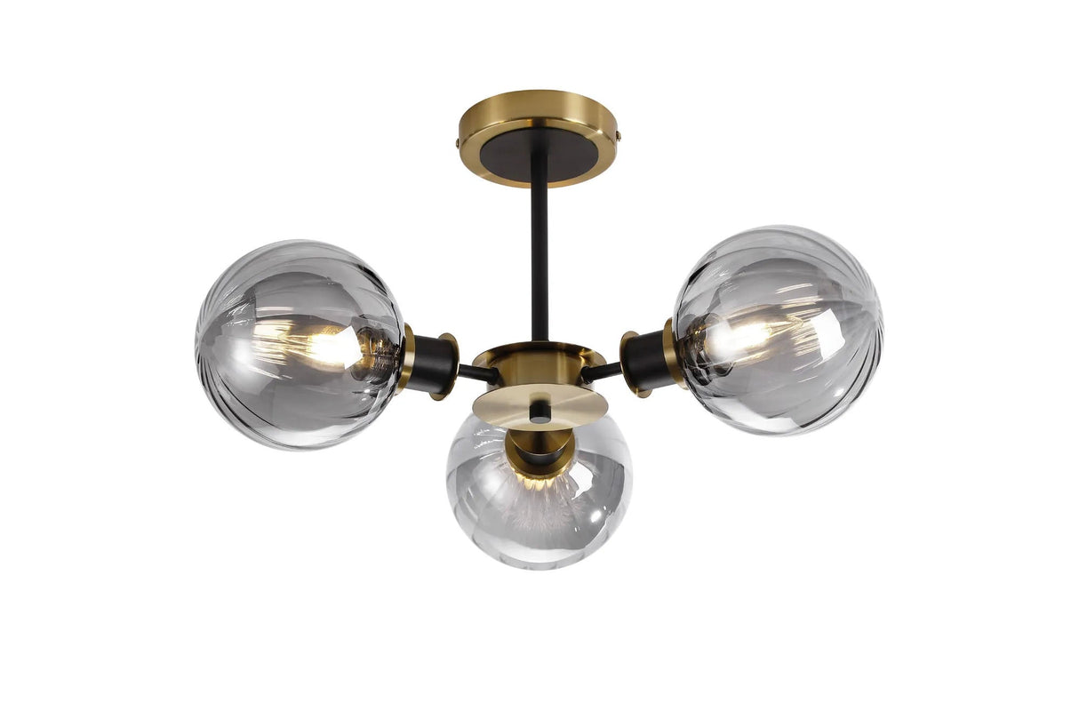 Woods Semi Ceiling, 3 x E14 With 15cm Round Segment Glass Shade, Brass, Smoke Plated & Satin Black