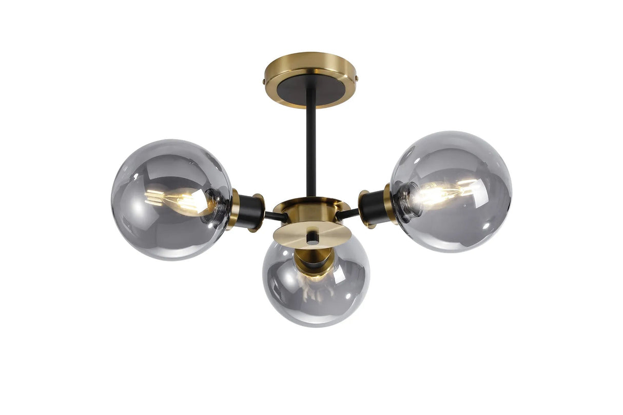 Woods Semi Ceiling, 3 x E14 With 15cm Round Glass Shade, Brass, Smoke Plated & Satin Black