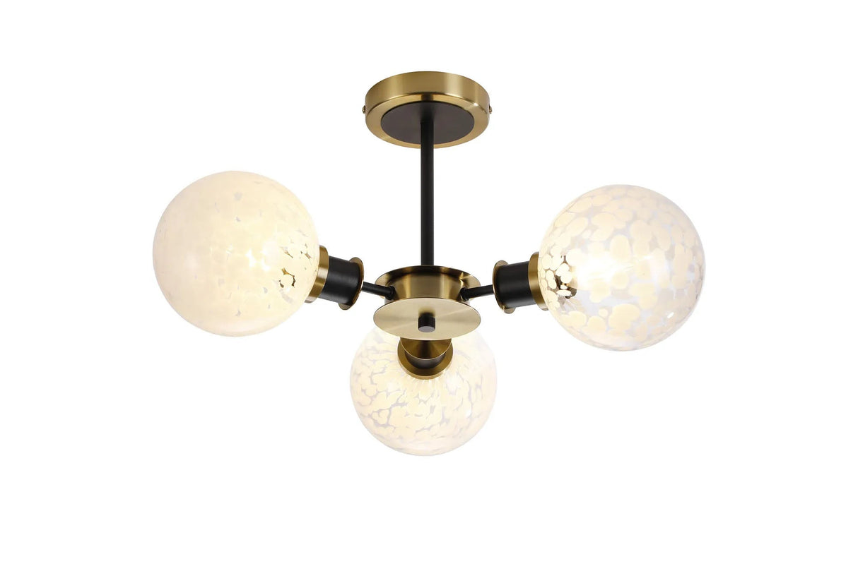 Woods Semi Ceiling, 3 x E14 With 15cm Round Speckled Glass Shade, Brass, White & Satin Black