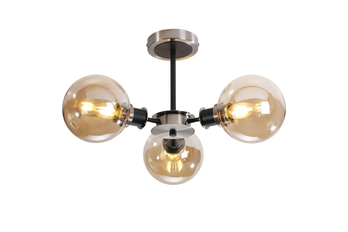 Woods Semi Ceiling, 3 x E14 With 15cm Round Glass Shade, Satin Nickel, Amber Plated & Satin Black