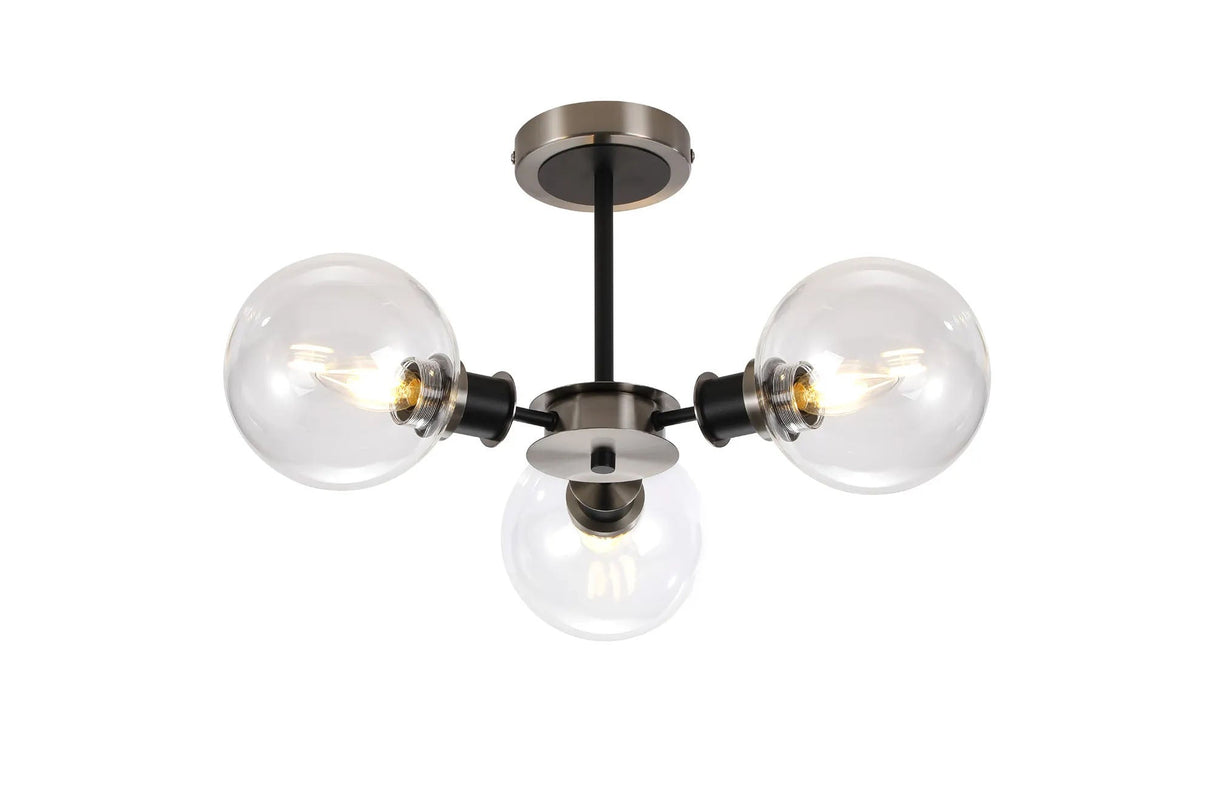 Woods Semi Ceiling, 3 x E14 With 15cm Round Glass Shade, Satin Nickel, Clear & Satin Black