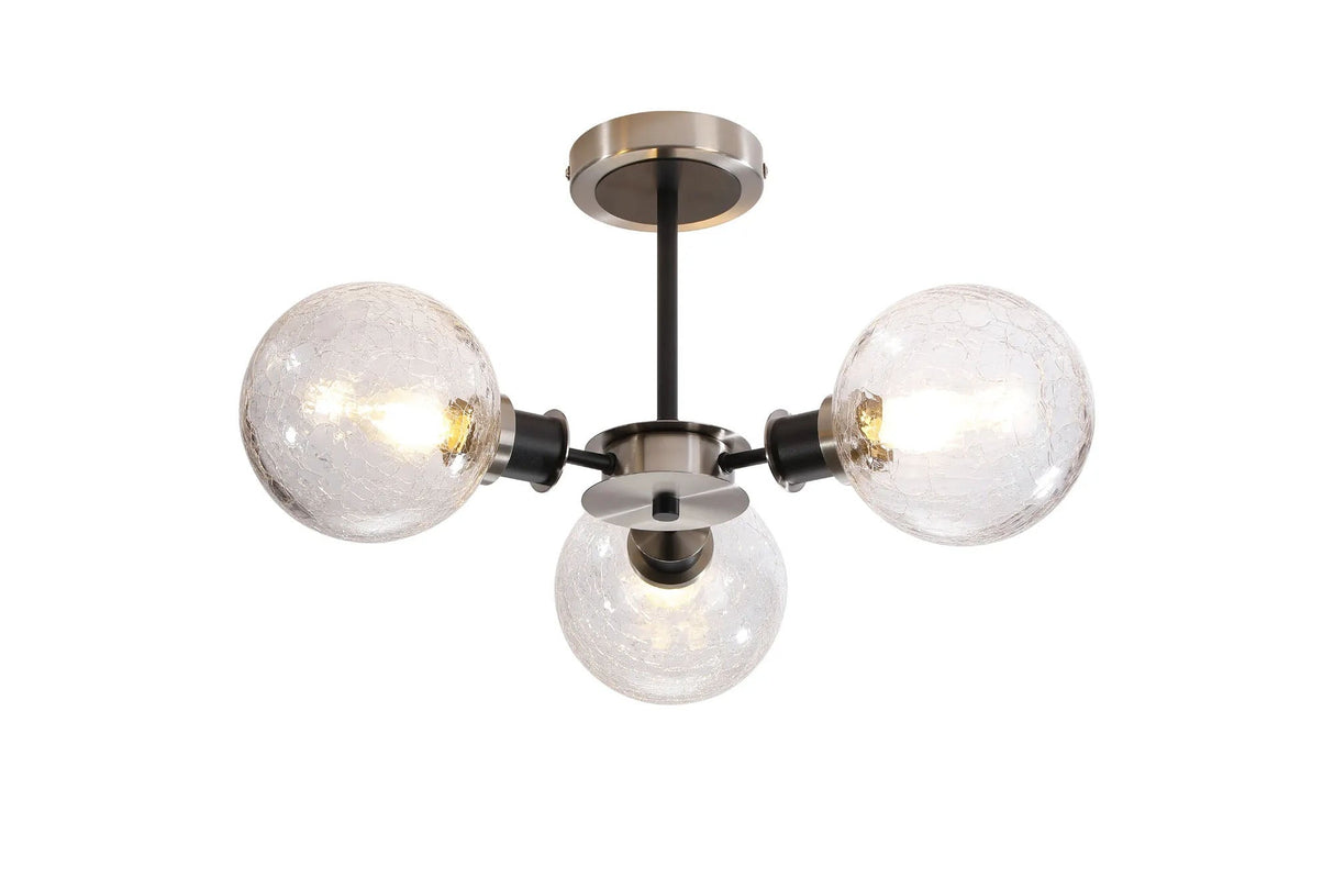 Woods Semi Ceiling, 3 x E14 With 15cm Round Crackled Glass Shade, Satin Nickel, Clear & Satin Black