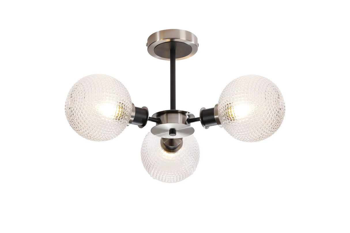 Woods Semi Ceiling, 3 x E14 With 15cm Round Textured Diamond Pattern Glass Shade, Satin Nickel, Clear & Satin Black
