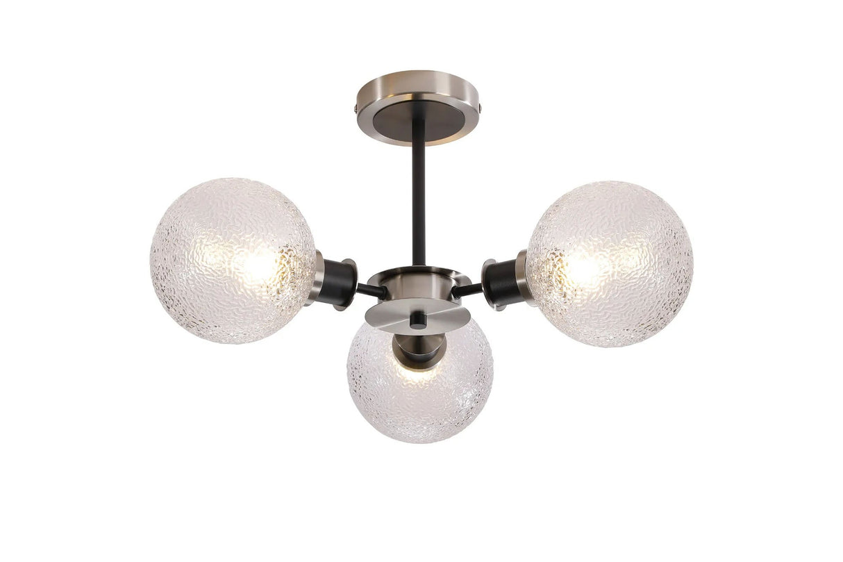 Woods Semi Ceiling, 3 x E14 With 15cm Round Dimpled Glass Shade, Satin Nickel, Clear & Satin Black