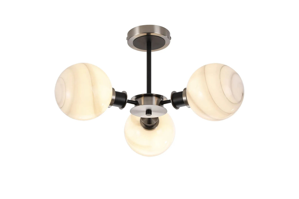 Woods Semi Ceiling, 3 x E14 With 15cm Round Marble Effect Glass Shade, Satin Nickel, White & Satin Black