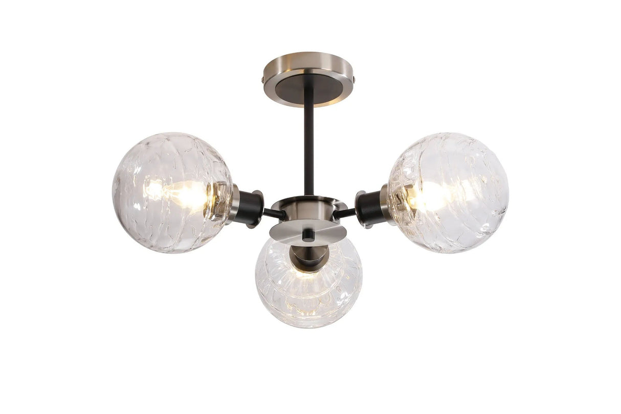 Woods Semi Ceiling, 3 x E14 With 15cm Round Textured Melting Glass Shade, Satin Nickel, Clear & Satin Black