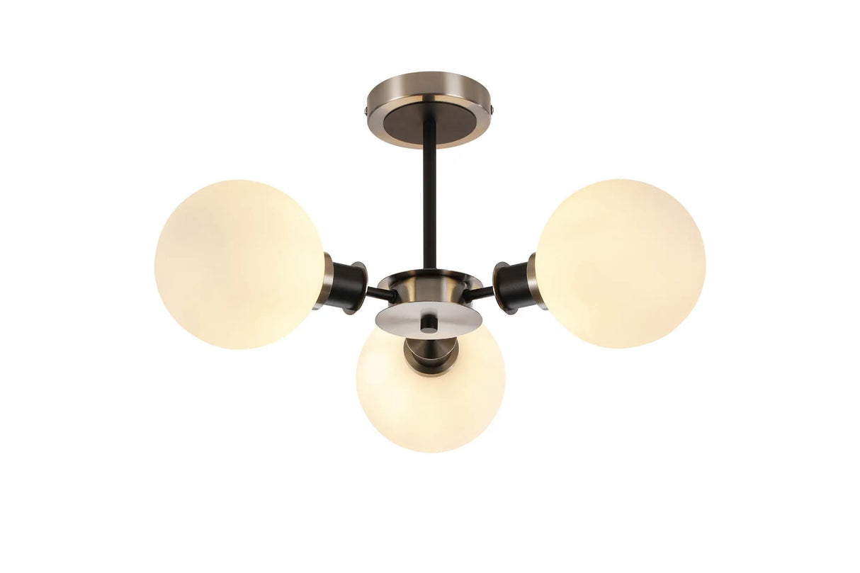 Woods Semi Ceiling, 3 x E14 With 15cm Round Glass Shade, Satin Nickel, Opal & Satin Black