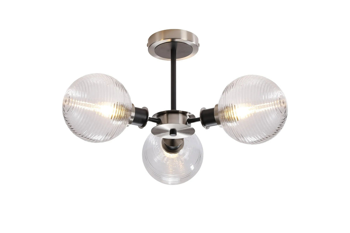 Woods Semi Ceiling, 3 x E14 With 15cm Round Ribbed Glass Shade, Satin Nickel, Clear & Satin Black