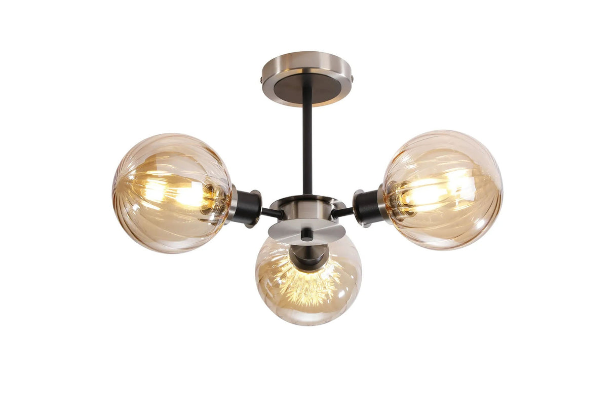 Woods Semi Ceiling, 3 x E14 With 15cm Round Segment Glass Shade, Satin Nickel, Amber Plated & Satin Black