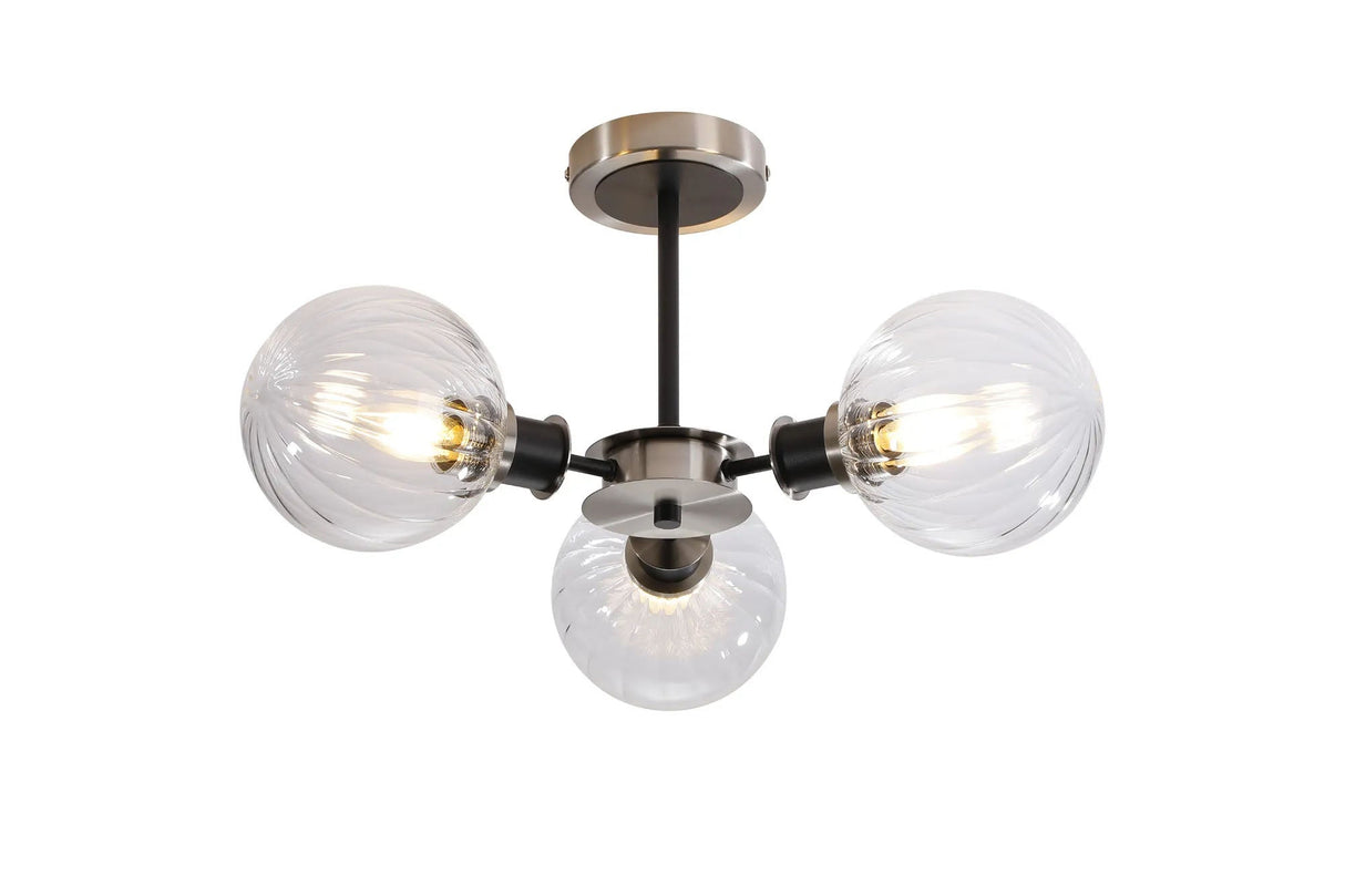 Woods Semi Ceiling, 3 x E14 With 15cm Round Segment Glass Shade, Satin Nickel, Clear & Satin Black