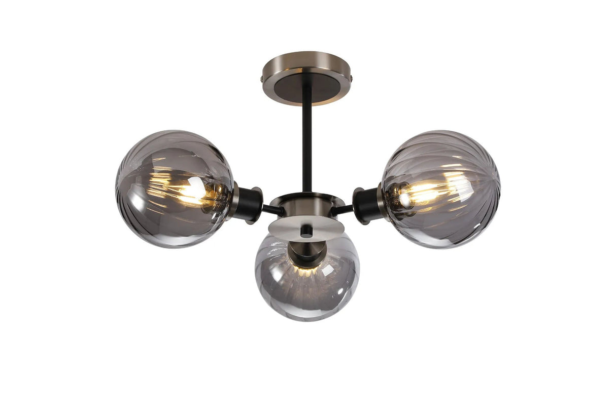 Woods Semi Ceiling, 3 x E14 With 15cm Round Segment Glass Shade, Satin Nickel, Smoke Plated & Satin Black
