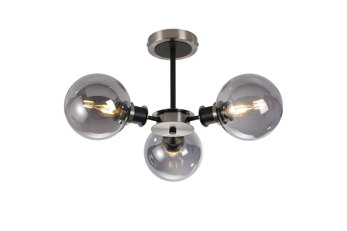 Woods Semi Ceiling, 3 x E14 With 15cm Round Glass Shade, Satin Nickel, Smoke Plated & Satin Black